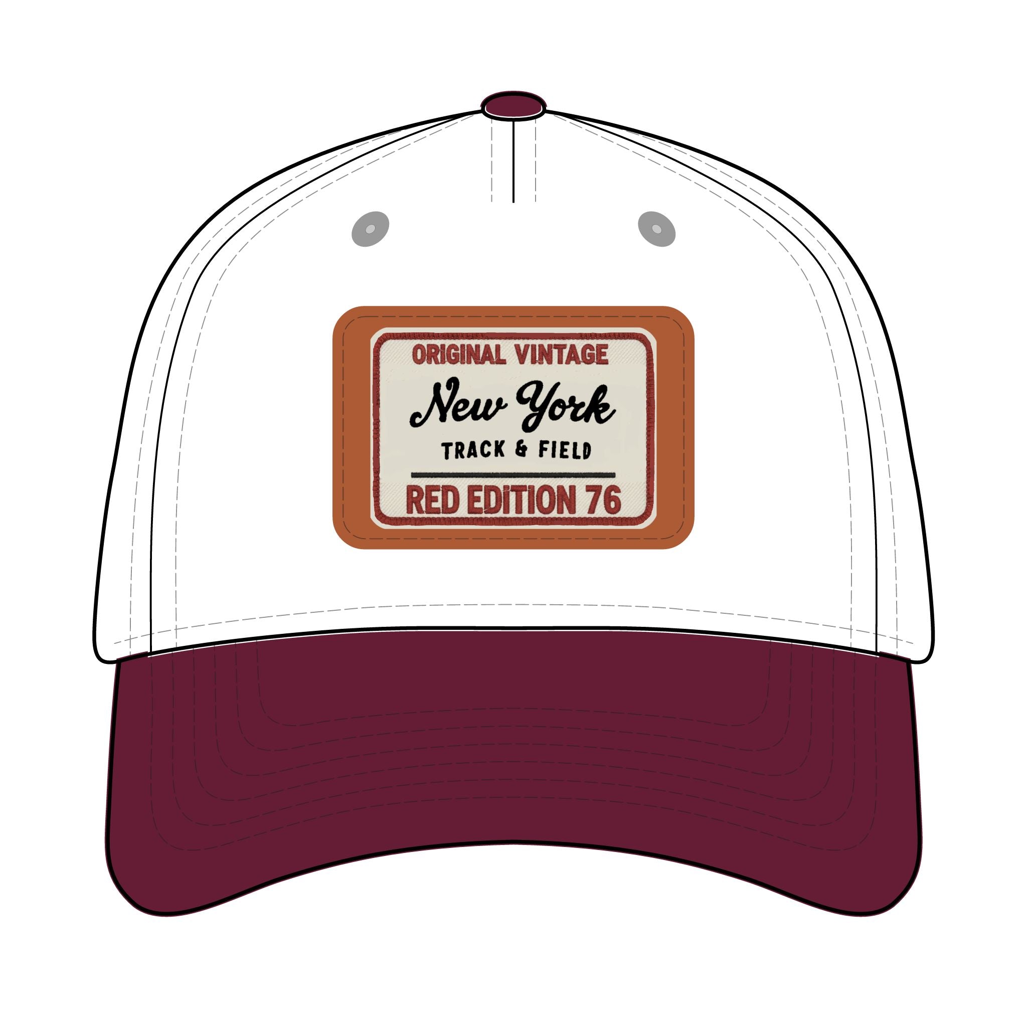 Trucker hat with a vintage-style label on a white background
